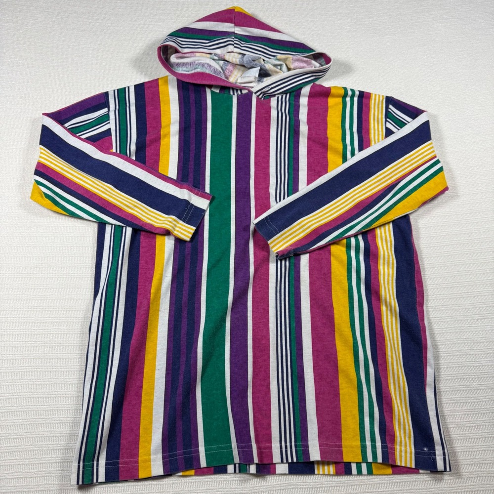 Vintage Simply Basic Surf Striped Hooded Shirt Med Multi Color 90s Made in USA